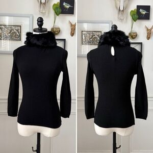 Bette Paige Black Stretchy Knit Rabbit Fur Mock Neck 3/4 Sleeve Top Sweater M